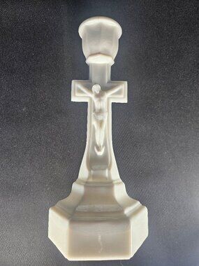 Early 1900s Bright White Milk Glass Crucifix Candlestick Holder Religious Decor